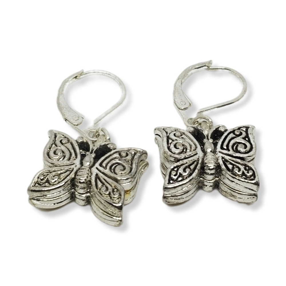 Vintage Enamel Butterfly Dangle Earrings - Silver Tone Red & Yellow - Picture 5 of 6